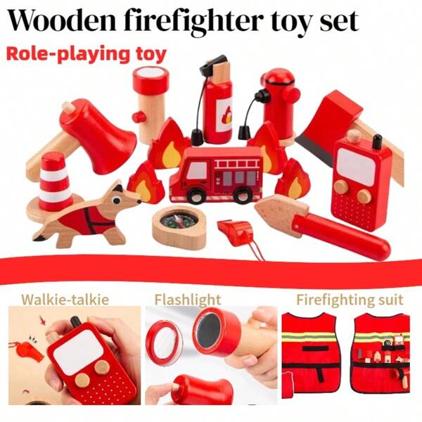 1 caixa, caminhão de bombeiros - madeira maciça - brinquedo infantil, caminhão de bombeiros de madeira com bombeiros e acessórios - contação de histórias, brinquedo de dramatização, presente de aniversário, presente de ano novo, brincadeira de faz de conta e brincadeira imaginativa para maiores de 3 anos