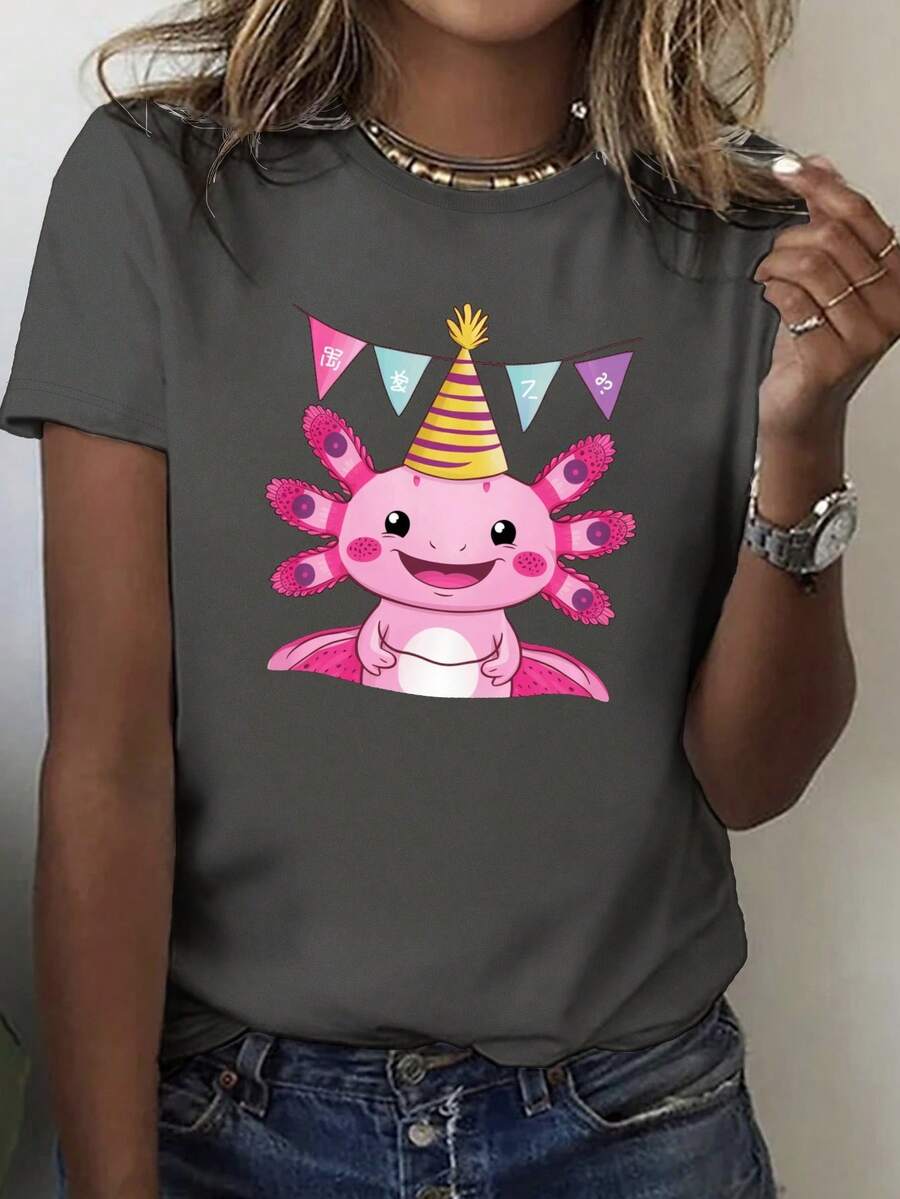 Party Cute Pink Axolotl Character Pure Cotton Women's Fashion T-Shirt - Dark Grey - View 1