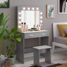 Dressing Table Set With LED Lights Mirror, Vanity Makeup Table 2 Large Drawers And Stool (Grey) - Grey - View 9