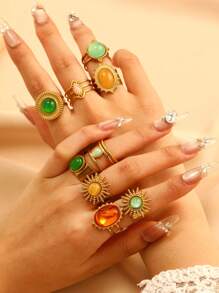 Multi-Piece Set Of Elegant 18K Gold Plated Stainless Steel Faux Gemstone Rings For Women, Fashion Jewelry Accessories, Luxury Party Wear, Vintage Middle Eastern Dubai Jewelry, Adjustable Rings