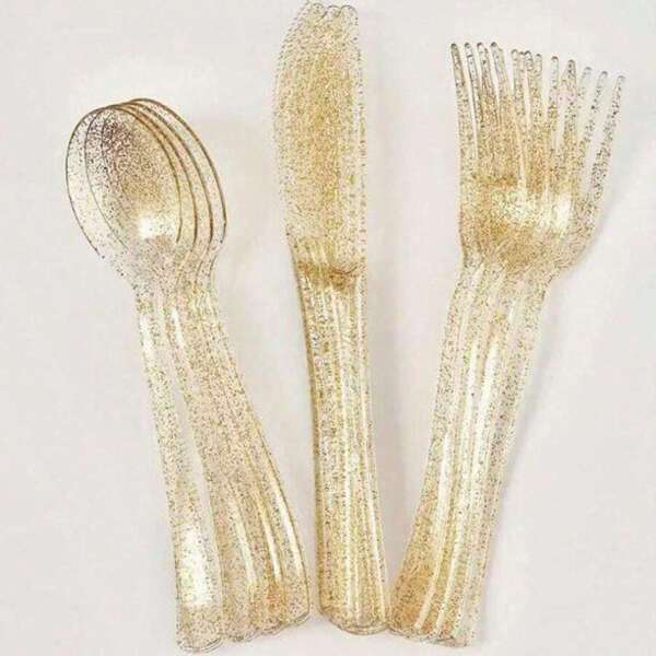 150pcs Gold Shiny Plastic Reusable Cake/Salad Spoons, Forks, Knives, Suitable For Parties, Outdoor Events, Restaurants, Holidays, Birthdays, Family Gatherings, Cake & Salad