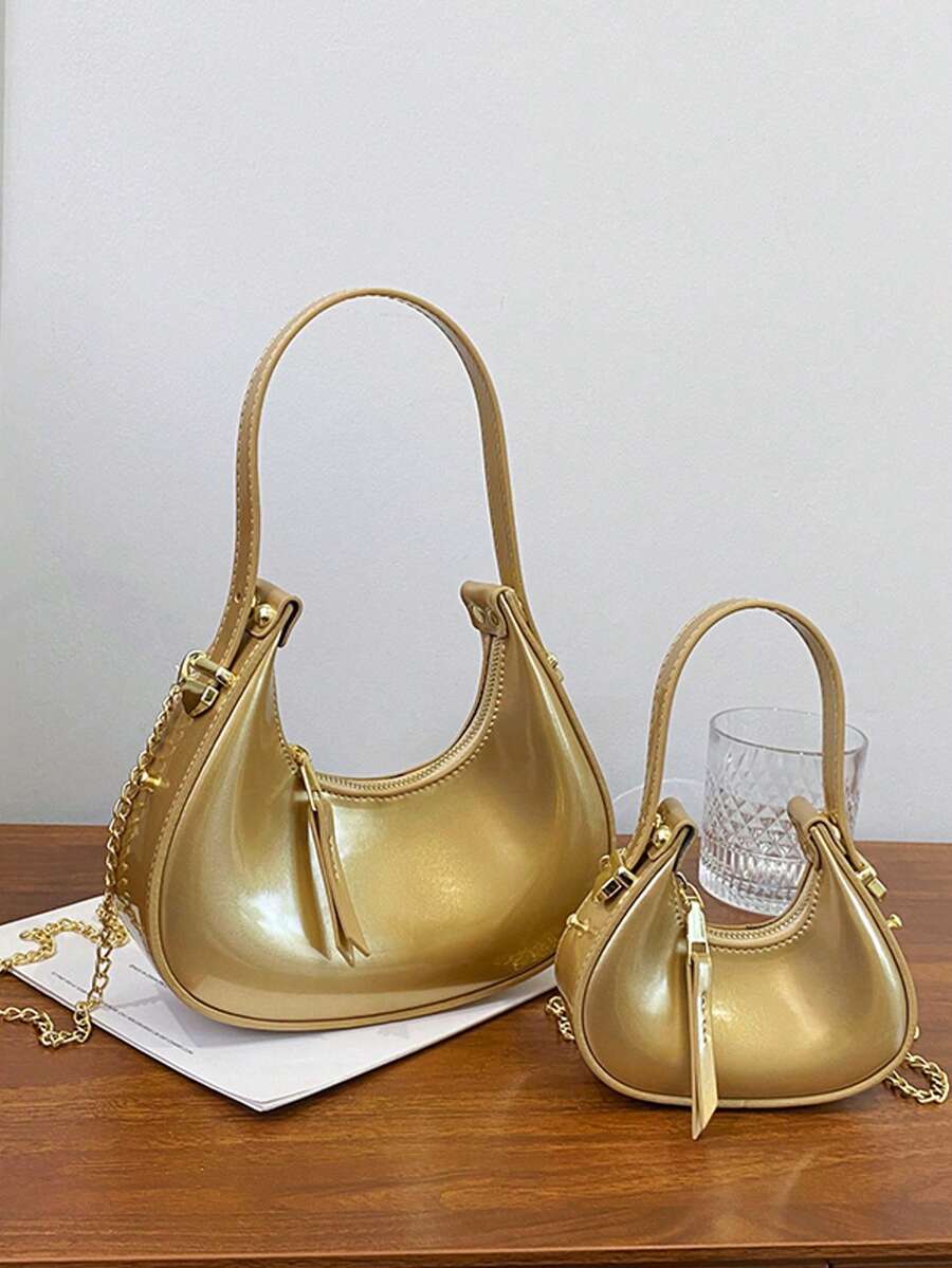 亮面新月盒迷你手提包，时尚百搭链条单肩/斜挎包，口红/耳机袋，适合春夏季，办公室通勤