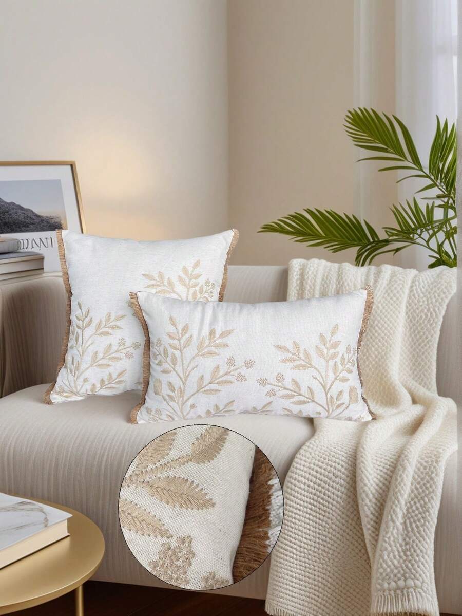 1pc Leaves Embroidery Throw Pillow Cover, Embroidered Leaf Couch & Sofa Cushion Covers For Bedroom Bed, Living Room, Furniture, Benches, Porch Home Decor, Patio, Car, No Pillow Insert - Beige - View 1