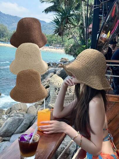 1pc Breathable Crochet Straw Bucket Hats For Women Vintage Style,Goth Beach Sun Protection Wide Brim Foldable Bucket Hat For Outdoor & Traveling, Daily Use