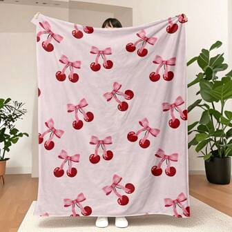 Reversible Cherry Pink Bow Throw Blanket, Style Minky Velvet Fleece, Soft & Comfortable Multipurpose Knitted Polyester Bedding, Contemporary Y2K Aesthetic Decorative Gift For Her, All Seasons Use, Allseason Blanket | Playful Design | Flannel Fabric
