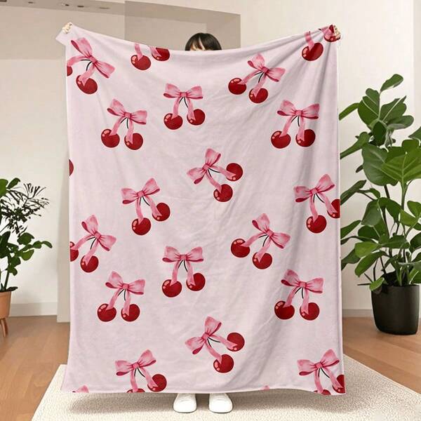 Reversible Cherry Pink Bow Throw Blanket, Style Minky Velvet Fleece, Soft & Comfortable Multipurpose Knitted Polyester Bedding, Contemporary Y2K Aesthetic Decorative Gift For Her, All Seasons Use, Allseason Blanket | Playful Design | Flannel Fabric