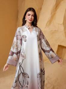 Plus Size V-Neck Long Dress, Eid Al-Adha Ramadan, All Season, Regular Fit, Full Print, Ultra Soft 75D 4-Way Stretch Fabric, Regular Sleeves, Glitter, Rhinestone Embellished, Elegant Arabic Style Jalabiya Maxi Dress For Women, Modest - NC19 - View 2