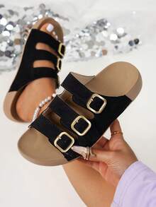 New Spring/Summer Metal Buckle Slides, Comfortable Versatile Non-Slip Sandals With Rivets Thick Soles For Women - Black - View 5