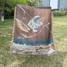 1pc Bohemian Woven Fringe Blanket With Swan And Toad Pattern, Soft Portable Picnic Mat, Bed Blanket, Sofa Throw, Camping Mat, Beach Blanket, Tear-Resistant Leisure Mat, Table Cloth, Tapestry, Machine Washable And Easy To Maintain