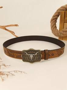 1pc Unisex Retro Western Cowboy Animal Buckle Embossed PU Leather Belt, Fashionable All-Match Suitable For Jeans, Skirts And Year-Round Wear - Silver - View 3