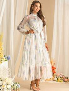 春秋女装新款连衣裙小立领网眼长袖定位荷叶边全身印花系带收腰蓬松连衣裙，派对装，旅行装，适合鸡尾酒会 - 彩色 - 查看 4