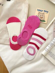 3 Pairs Women Cute Pink Ankle Socks, Striped Letter Print Fashion Socks, Breathable Soft Boat Socks, Invisible Socks, Suitable For Daily Wear And Parties, All Seasons - Multicolor - View 8