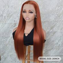 Ginger Orange Color Lace Front Wigs Synthetic 13x4 Long Silky Straight Hair Heat Resistant Fiber Glueless Frontal Lace Replacement Wig Pre Plucked With Baby Hair Natural Hairline 26 Inches HD Transparent Lace Free Part For Fashion Women Girls Party Vacation Makeup Use Daily Wear - 薑色 - 查看 8
