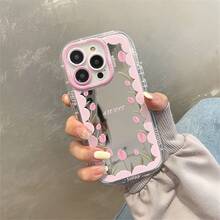 粉色镜面元素时尚粉色边框粉色郁金香图案及“甜美”字样镜面手机壳,全方位保护设计,甜美浪漫,可作化妆镜使用,兼容 16/7/8/11/12/13/14/15/X/XR/Xs/Plus/Pro/Pro Max/SE2,防水、防震、防刮,春季礼物 - 銀色 - 查看 9