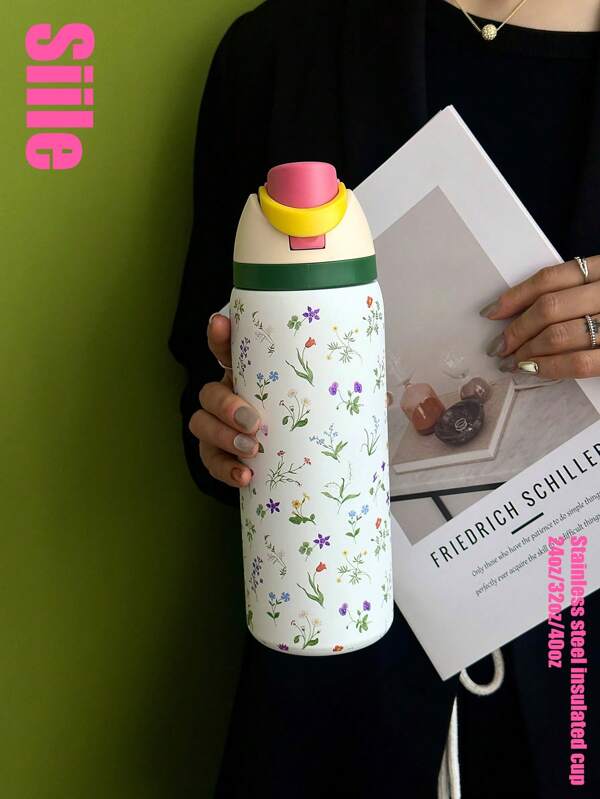 1pc Floral Print Stainless Steel Insulated Water Bottle, 24oz-32oz-40oz Capacity, Dual-Wall Vacuum Sports Water Flask With Straw, Suitable For Sports, School, Travel, Gym, Holiday & Birthday Gift