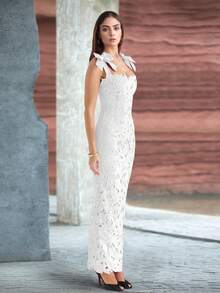 优雅黑色蕾丝镂空奢华晚礼服，饰有蝴蝶结，修身剪裁，适合白色婚纱 - 白色 - 查看 4