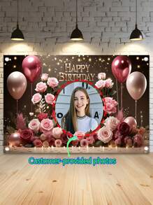 1pc Personalized Birthday Banner With Customizable Photo, Gold And Pink Floral Design, Entrance And Room Celebration Decorations, Ideal Gift For Family, Friends, Girlfriends, Holiday Decorations|Holiday Spirit|Polyester Banner, Perfect Teenager Gift, Durable, Suitable For Parties, Photo Booth Props And Celebrations, Home Decor, No Electricity Needed, Reusable, Three Sizes To Choose From Back To School
