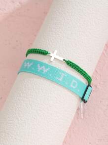 2pcs/Set Minimalist Stainless Steel Cross Bracelets & Wwjd Letter What Would Jesus Do Christian Jewelry Jacquard Knit Wristband Bracelet Set For Women For Party Jewelry