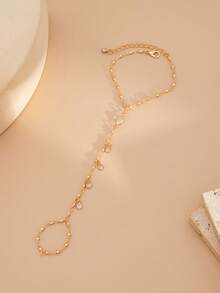 1 件复古奢华水晶吊坠流苏黄铜串珠链指环手链，女士装饰袖口手链，适合日常佩戴