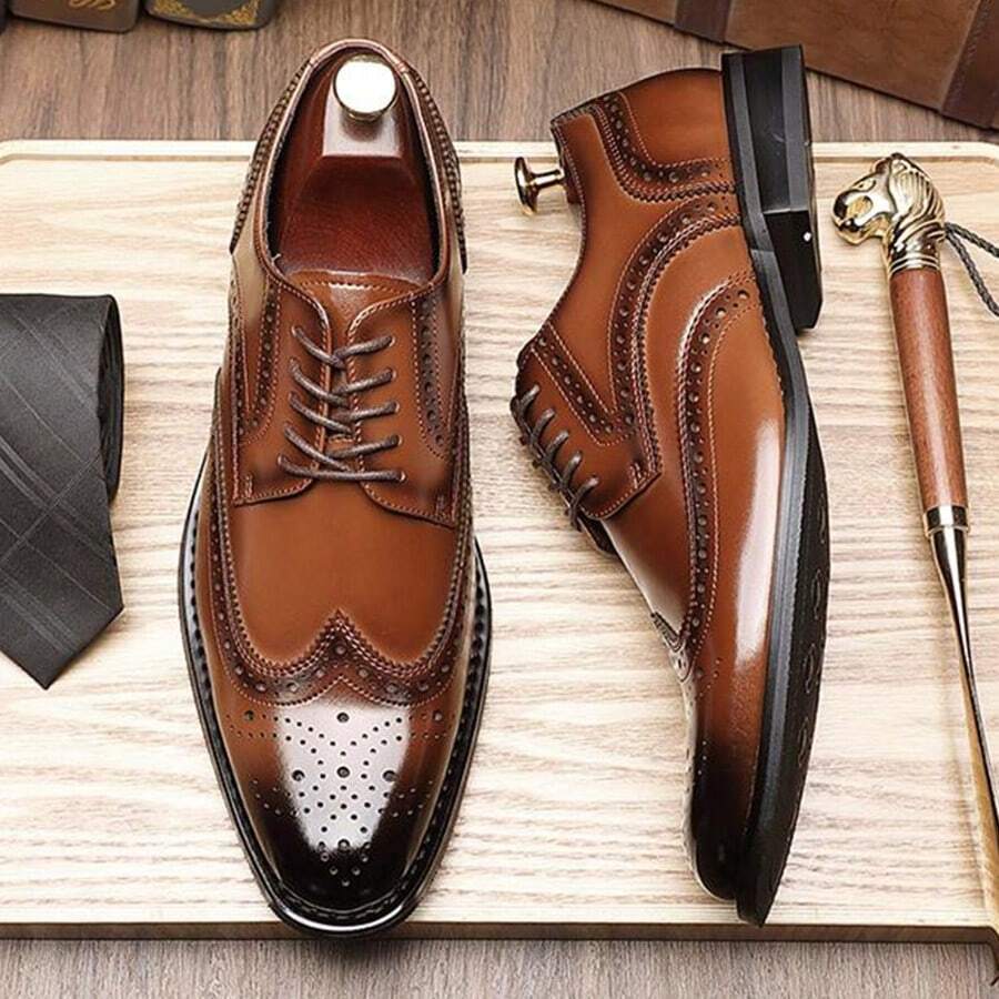 JASONSTAR Men's Brogue Cap Toe Oxford Shoes, Lace-Up Front Dress Shoes For Business Formal White Tie Occasions Shoes - 棕色 - 查看 1