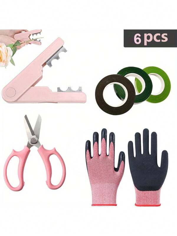 A 6pcs Set For Floral Arrangements, Featuring A Rose Thorn Remover, Garden Pruning Scissors, A Pair Of Gloves, And Three Rolls Of Floral Tape, Perfect For Valentine'S Day, Gifts, Flower Shop Needs, And Weddings.