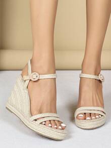 Giày sandal đế xuồng thời trang nữ, Giày sandal mũi tròn, Giày sandal đế xuồng đế dây, Giày sandal quai mảnh, Giày sandal ngoài trời màu trơn, Giày sandal màu mơ phong cách tối giản có quai sau, Dây quai, Mũi hở, Gợi cảm - Màu be - Xem 4