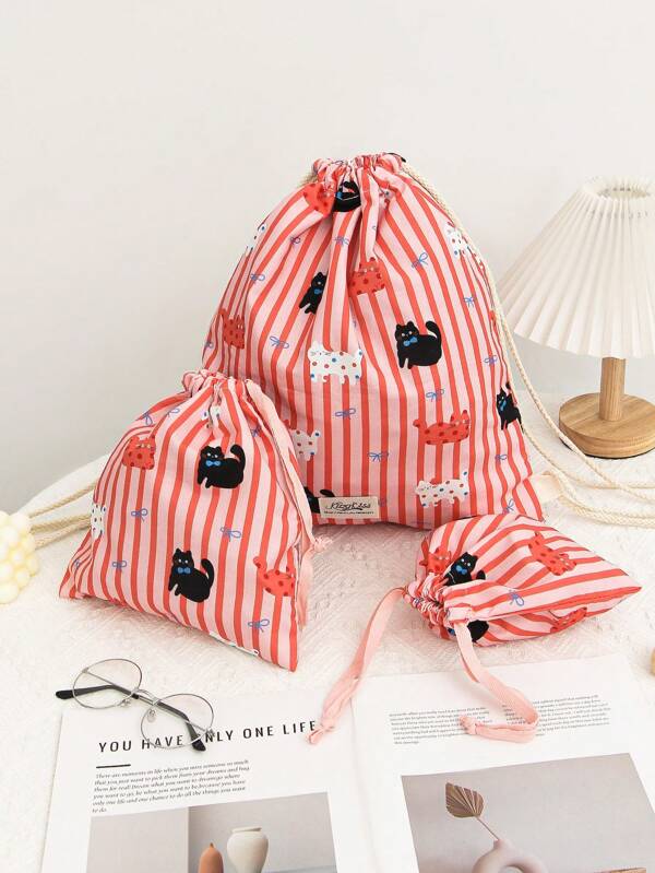 1PC Pink Cute Cat Bow Printed Travel Drawstring Backpack Skincare Drawstring Storage Bag Makeup Bag Underwear Storage Bag Sanitary Napkins Bag Essential Travel Storage Set, Packaging Box Set, Luggage Storage Bag,Mat,Wired Headset, Earplug, Headset, Charger, Lipstick, Cosmetics, Perfume, Skin Care And Beauty Products, Home Decoration, Suitable For Mothers, Students, Female,Keys, Holiday Gifts