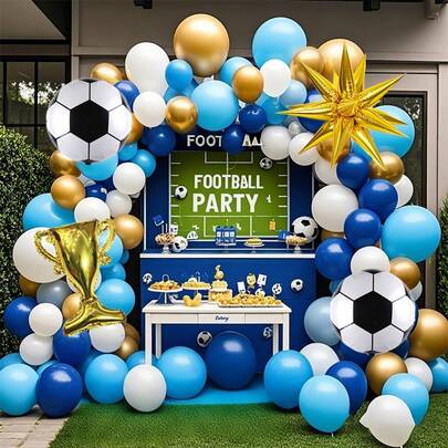 Football Theme Balloon Arch Set, Includes 118 Pcs Of 18/10/5 Inch Navy Blue, Light Blue, White, Gold Latex Balloons, With Football, Bursting Star, Champion Trophy Foil Balloons, Suitable For Birthday Parties, Celebration Events