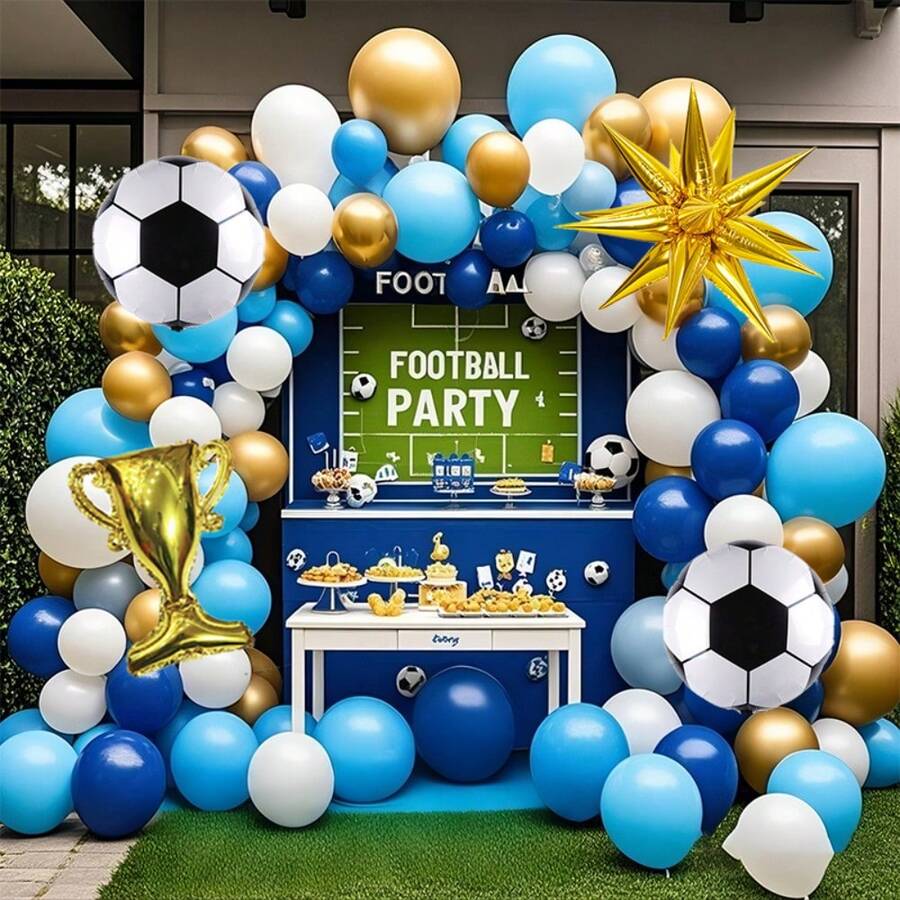 Football Theme Balloon Arch Set, Includes 118 Pcs Of 18/10/5 Inch Navy Blue, Light Blue, White, Gold Latex Balloons, With Football, Bursting Star, Champion Trophy Foil Balloons, Suitable For Birthday Parties, Celebration Events - 118pcs blue white - View 1