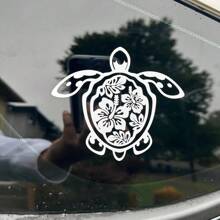 Sea Turtle Hibiscus Flower Car Sticker, Vinyl Die-Cut Floral Turtle Decal For Car Truck Window Laptop, Cute Car Decor Accessories