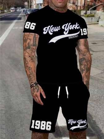 Sommarkortärmad t-shirt och shorts, herrmode med logotyptryck och rund halsringning, sportdräkt
