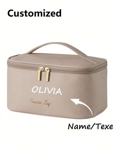 Customized Women's Portable Travel Makeup Bag With Compartments, Makeup Brushes Bag, Waterproof Pu Cosmetic Bag For Outdoor & Vacation, Khaki , Makeup Bag Makeup Pouch Skincare Bag Toiletry Bag School Supplies Travel Essentials Make Up Bag Holiday Essentials Makeup Bags Makeup Organizer Holiday Winter Gifts For Women Make Up Organizer Makeup Storage