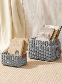 1pc Woven Basket, 3pcs (S+M+L) Woven Storage Basket Set, Paper Rope Basket With Handle, Small Woven Basket For Organization, Cute Decorative Gift Basket, Storage Container, Cabinet Drawer, Bedroom, Living Room, Dorm, Desktop Organization, Farmhouse Decor Basket, Boho Reusable Storage Basket For Stationery, Closet, Toys, Cosmetics, Desk Organization Basket, Ideal Gift Basket - Grey - View 5