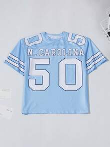 女士休闲蓝色字母印花T恤，圆领，短袖，原宿风，足球衫，街头风，Y2K宽松上衣，夏季 - 藍色 - 查看 3