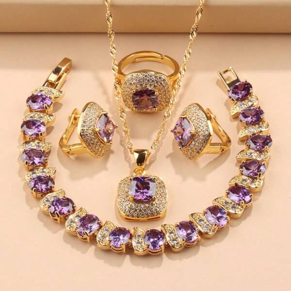 5pcs Elegant French Style Jewelry Set - 18K Gold Plated Brass With Synthetic Gemstone And Square Cubic Zirconia Mosaic - Includes Earrings, Ring, Pendant Necklace, Bracelet - Suitable For Daily Wear And Party, Ideal For Mother's Day Gift