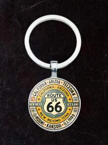 1pc 66 Highway Route - Retro Alloy Round Glass Pendant, Creative Gift For Festival Party, Travel Jewelry Lovers