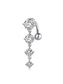 1pc Copper-Toned Micro-Inlaid Zirconia Stone Navel Ring, 316 Stainless Steel Shaft, Reverse Wear Belly Button Jewelry, Creative Body Piercing Accessory For Daily Wear - Silver - View 1