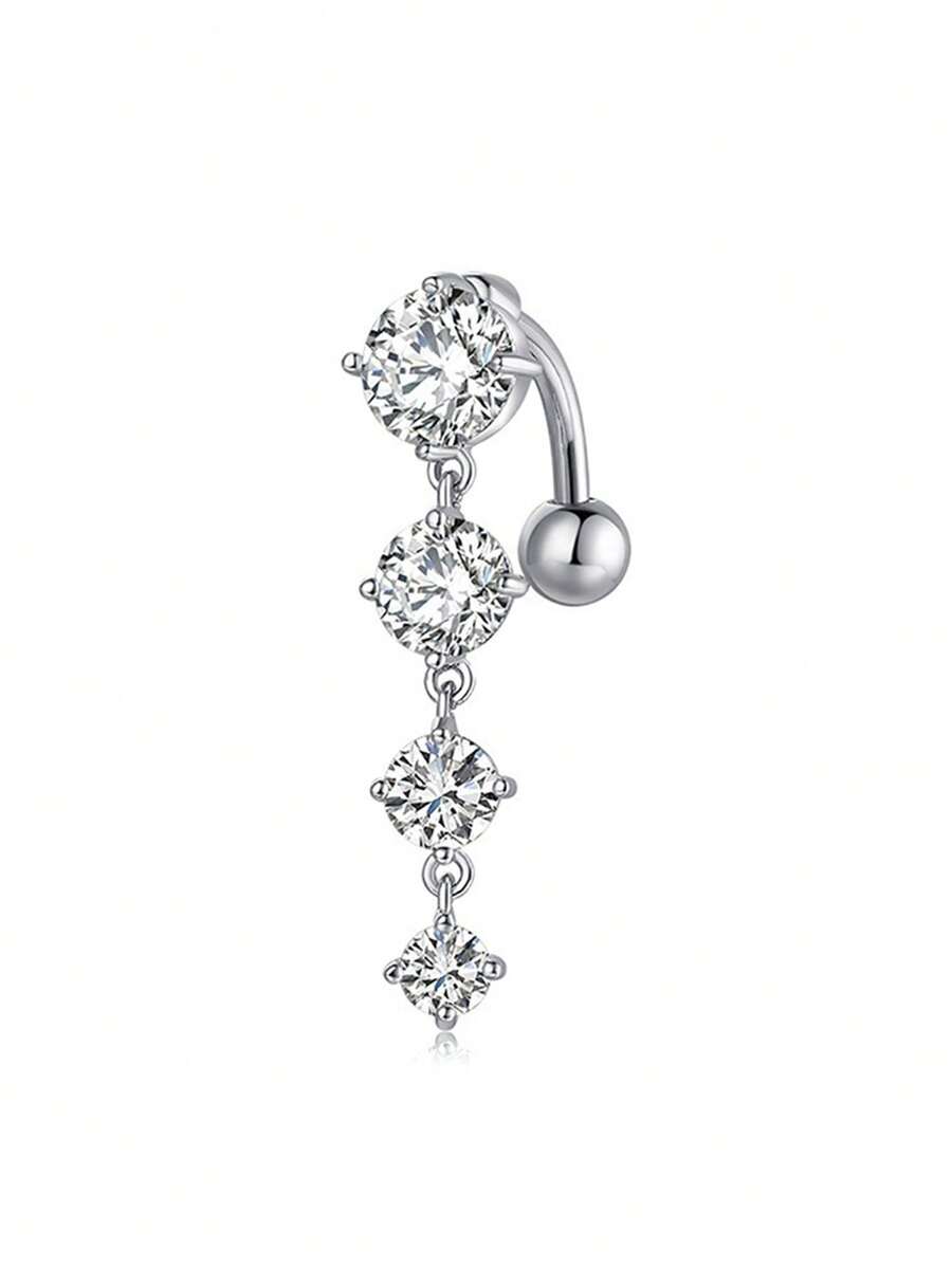 1pc Copper-Toned Micro-Inlaid Zirconia Stone Navel Ring, 316 Stainless Steel Shaft, Reverse Wear Belly Button Jewelry, Creative Body Piercing Accessory For Daily Wear - Silver - View 1