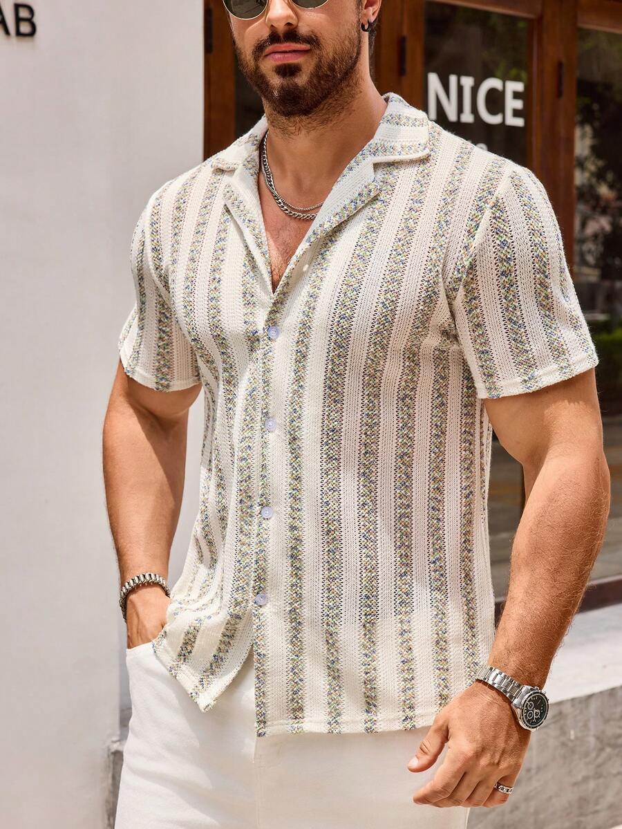 Men's Cuban Collar Lace Knitted Short Sleeve Button Shirt - Green - View 1