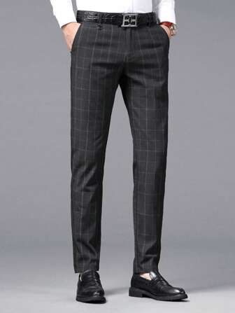 Men's Plaid Pattern Casual Business Straight Leg Trousers With Pockets
