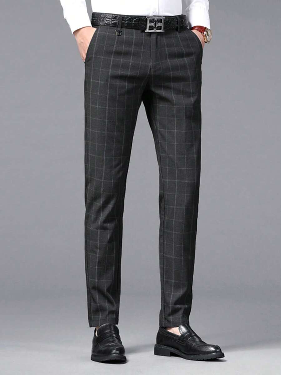 Men's Plaid Pattern Casual Business Straight Leg Trousers With Pockets - Black - View 1
