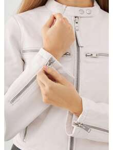 Bolongaro Trevor Real Leather Motto Racer Jacket - White - View 3