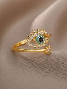 Vintage Evil Eyes Stainless Steel Rings, Cubic Zirconia Gold Color Anti Fading Open Ring For Women, Aesthetic Wedding Party Jewelry Vacation Accessories, Gifts For Mom/Best Friends