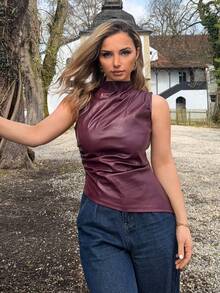 Jeta Ari 女士优雅别致复古性感机车风酒红色纯色 PU 不对称褶饰腰部背心