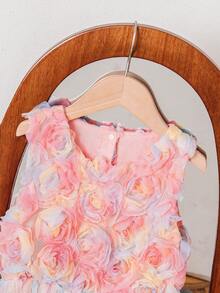 Mädchen rosa 3D Blumen aufgeblähtes Kleid, Traumhaftes Blumenprienzsessin Kleid, rosa Sommer 3D Rose + farbiges Tüll Set, mädchenhaftes Design, geeignet für wichtige Feste, Bühnenauftritte, Geburtstagsfeiern - Verschiedenfarbig - Übersicht 5