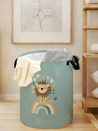 1個 漫画のライオン柄大容量折りたたみ式丸型収納バスケット ハンドル付き、多目的 ナーサリー収納ビン、おむつ/衣類/ベビー用品の整理、折りたたみ式収納ボックス