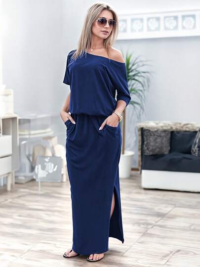 Vestido largo informal liso para mujer xally 57 con cuello asimétrico y dobladillo con aberturas, tejido elástico cómodo, mangas cortas regulares, estilo ajustado con bolsillos.