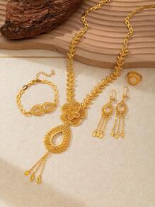 4 pièces/set Bijoux de mode pour femmes à ton doré de Dubaï, en alliage de cuivre 24 carats, collier, accessoires du Moyen-Orient