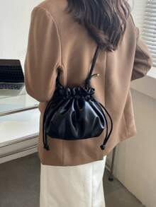 Women's Fashionable Casual Crossbody Mini Drawstring Cloud Shoulder Bag - Black - View 2