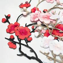 Festive Embroidered Cherry Blossom Patch Set - White, Red, Pink, And Brown Tones - Perfect For DIY Projects And Clothing Accessories